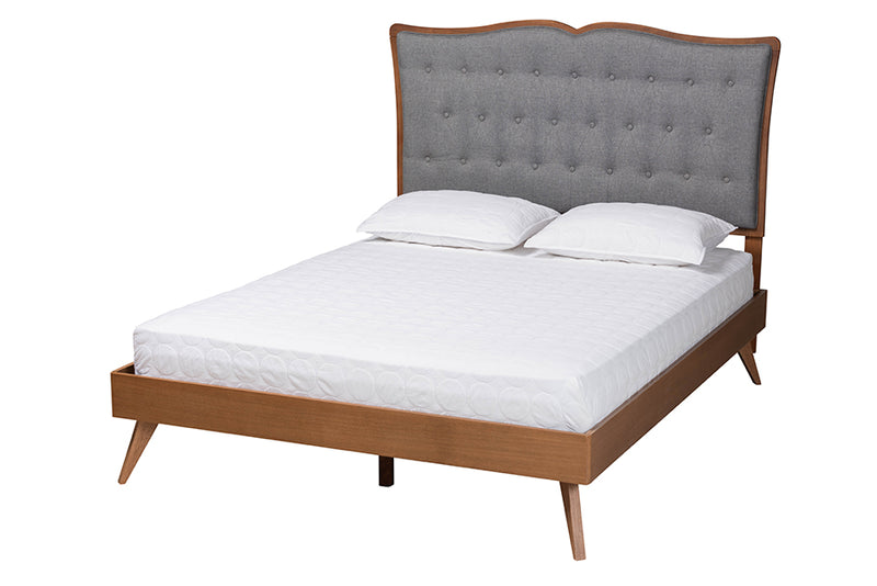 Perris Classic and Traditional Gray Fabric and Walnut Brown Finished Wood King Size Platform Bed