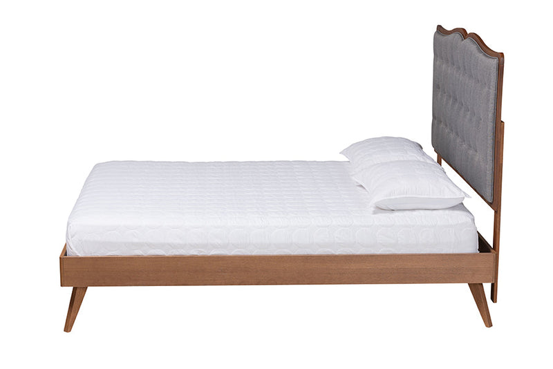 Perris Gray Fabric and Walnut Brown Queen Size Platform Bed Baxton
