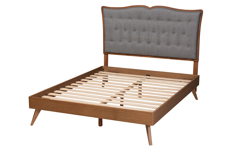 Perris Classic and Traditional Gray Fabric and Walnut Brown Finished Wood King Size Platform Bed