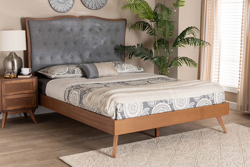 Perris Classic and Traditional Gray Fabric and Walnut Brown Finished Wood King Size Platform Bed