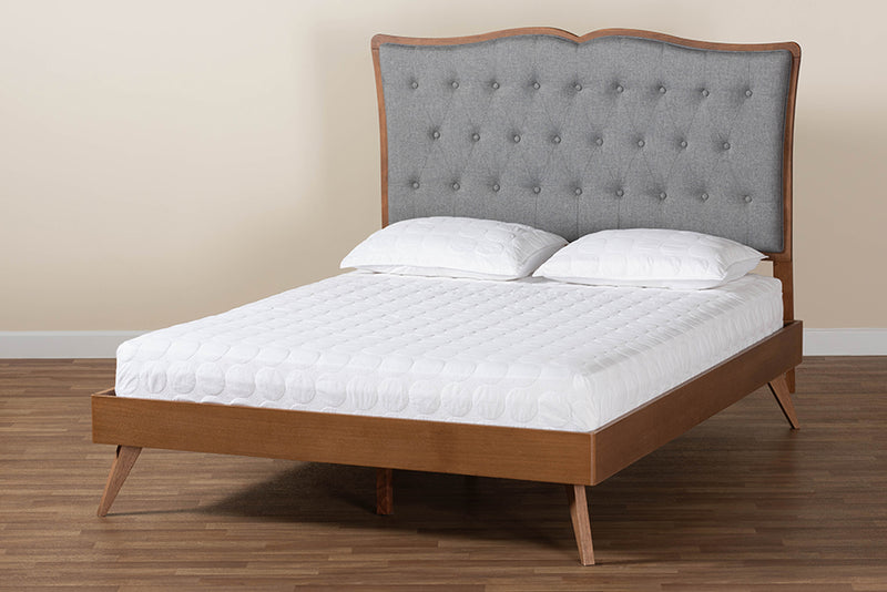 Perris Classic and Traditional Gray Fabric and Walnut Brown Finished Wood King Size Platform Bed