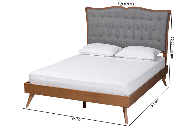 Perris Classic and Traditional Gray Fabric and Walnut Brown Finished Wood King Size Platform Bed