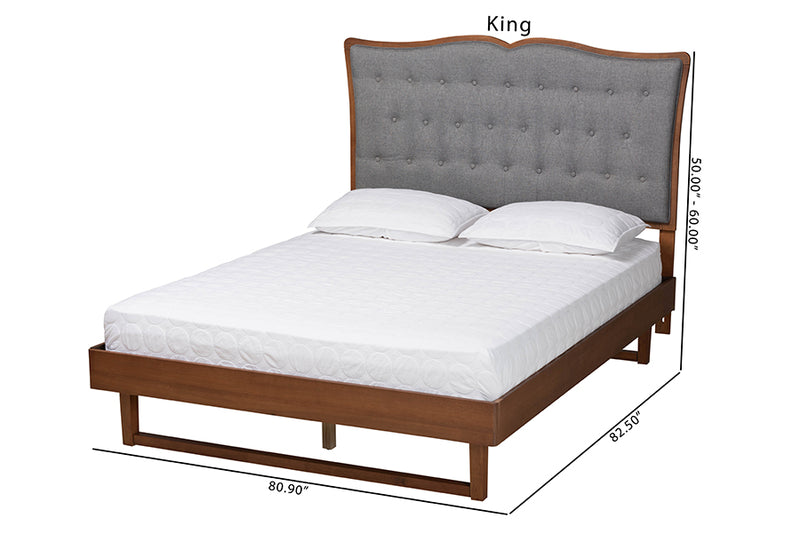 Piera Classic and Traditional Gray Fabric and Walnut Brown Finished Wood King Size Platform Bed