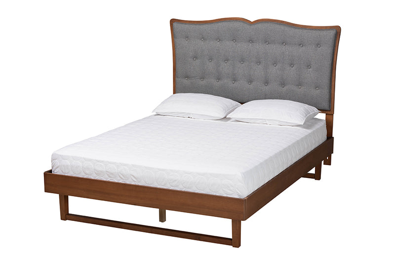 Piera Classic and Traditional Gray Fabric and Walnut Brown Finished Wood King Size Platform Bed