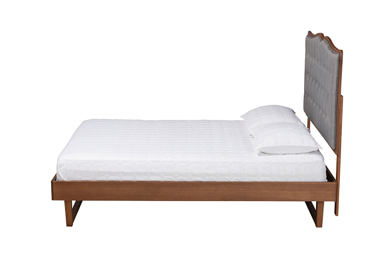 Piera Classic and Traditional Gray Fabric and Walnut Brown Finished Wood King Size Platform Bed