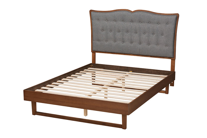 Piera Classic and Traditional Gray Fabric and Walnut Brown Finished Wood King Size Platform Bed