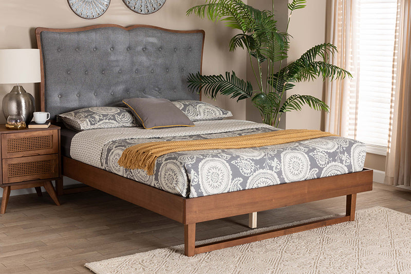 Piera Classic and Traditional Gray Fabric and Walnut Brown Finished Wood King Size Platform Bed