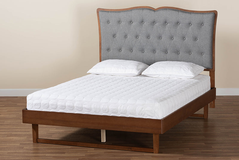 Piera Classic and Traditional Gray Fabric and Walnut Brown Finished Wood King Size Platform Bed