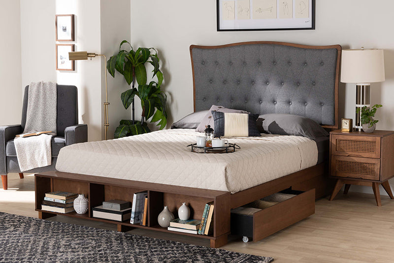 Carita Gray Fabric and Walnut Brown Queen Size Platform Storage Bed Baxton