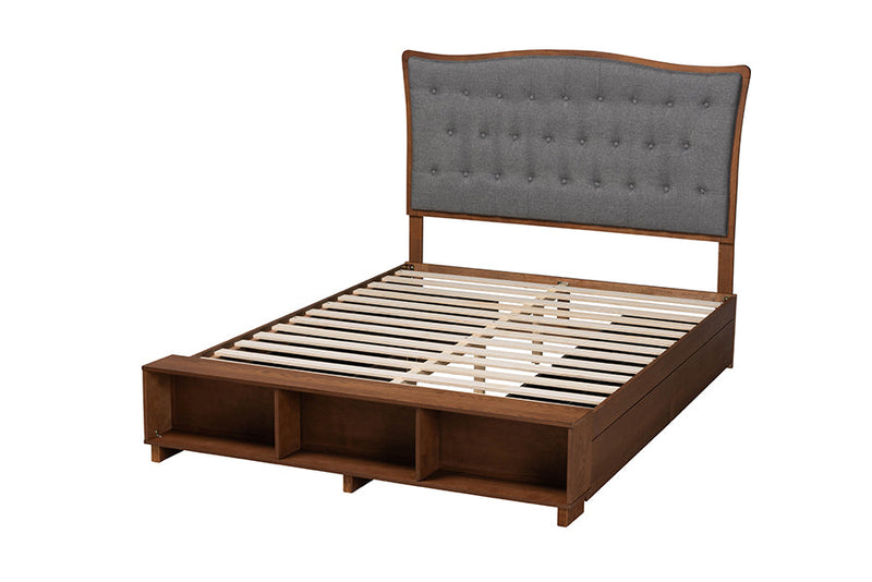 Carita Gray Fabric and Walnut Brown Queen Size Platform Storage Bed Baxton