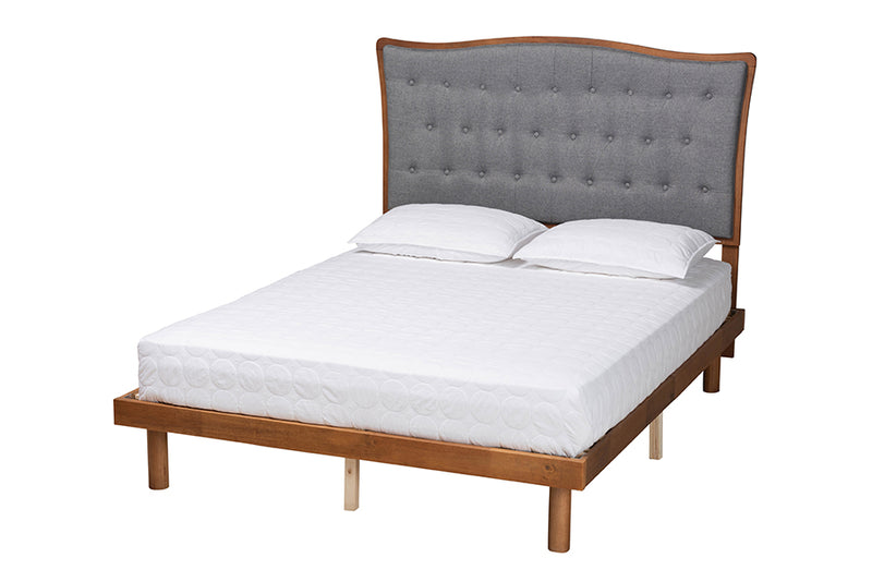 Rita Classic and Traditional Gray Fabric and Walnut Brown Finished Wood King Size Platform Bed