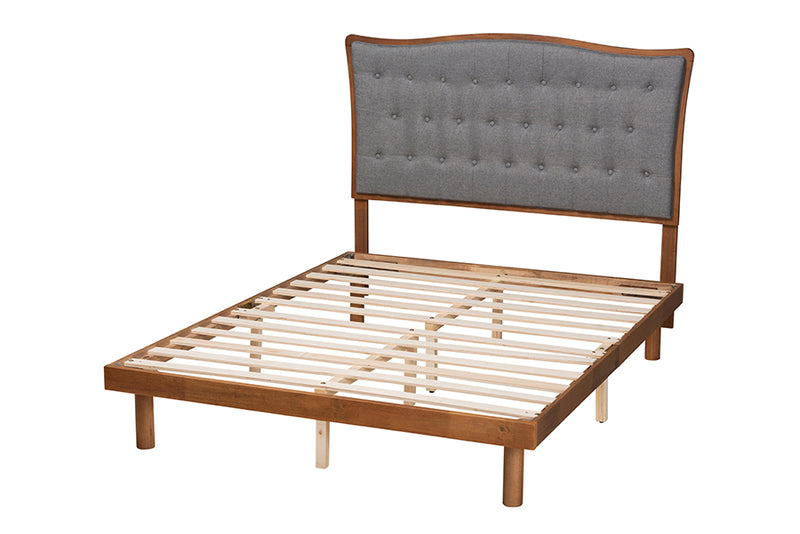 Rita Classic and Traditional Gray Fabric and Walnut Brown Finished Wood King Size Platform Bed