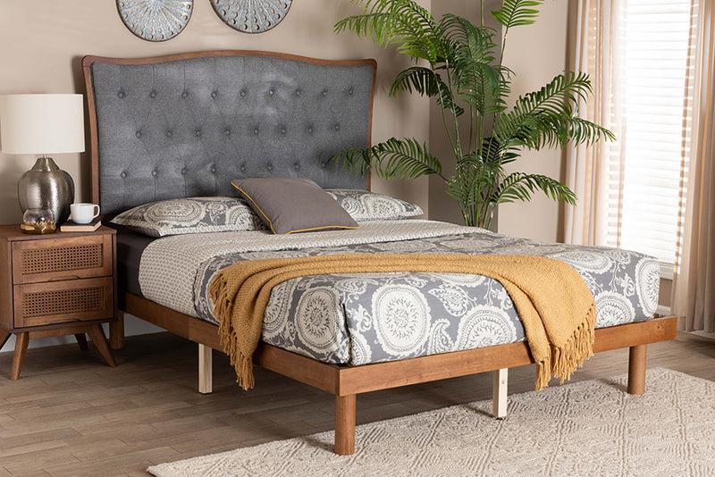 Rita Classic and Traditional Gray Fabric and Walnut Brown Finished Wood King Size Platform Bed