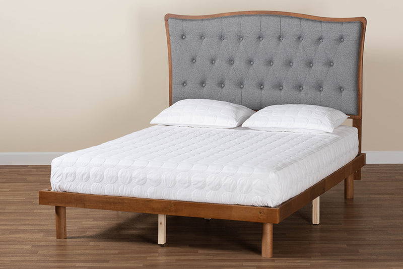 Rita Classic and Traditional Gray Fabric and Walnut Brown Finished Wood King Size Platform Bed