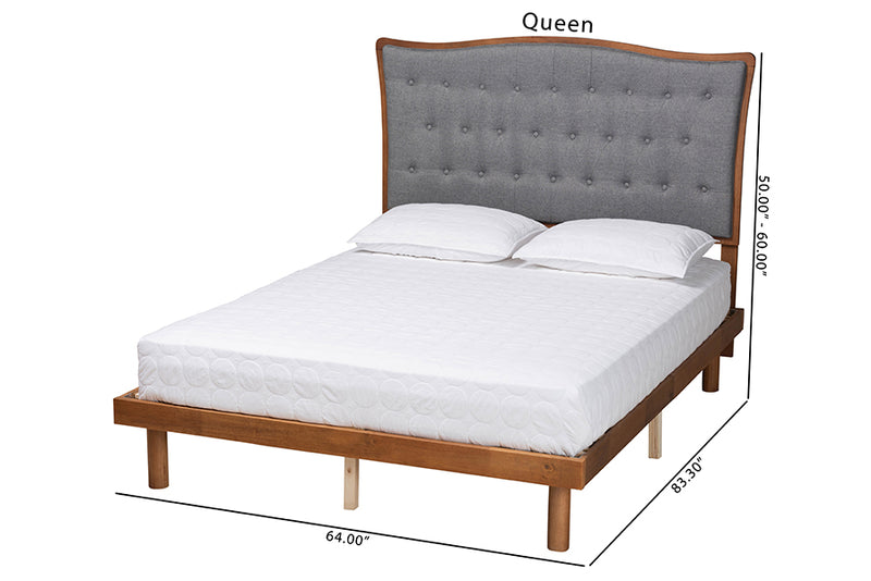 Rita Classic and Traditional Gray Fabric and Walnut Brown Finished Wood King Size Platform Bed