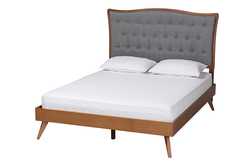 Cherese Classic and Traditional Gray Fabric and Walnut Brown Finished Wood King Size Platform Bed