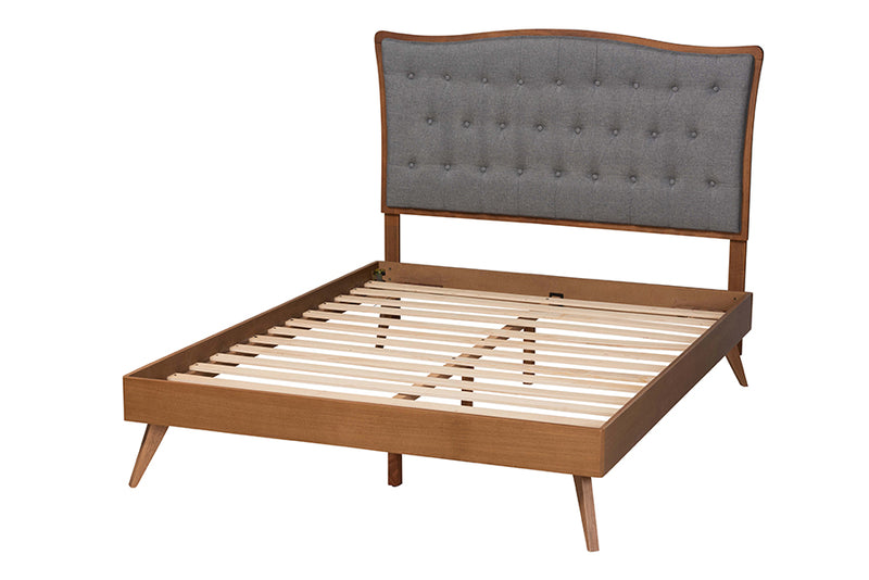 Cherese Classic and Traditional Gray Fabric and Walnut Brown Finished Wood King Size Platform Bed