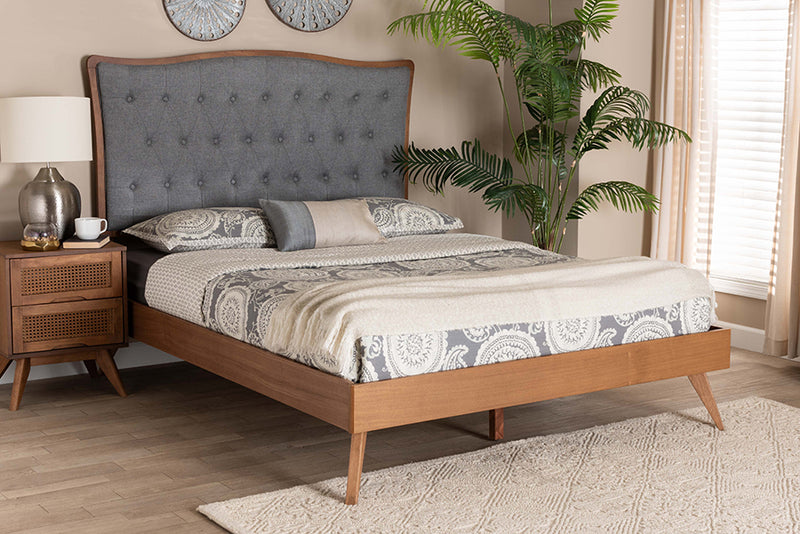 Cherese Classic and Traditional Gray Fabric and Walnut Brown Finished Wood King Size Platform Bed