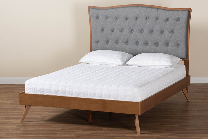 Cherese Classic and Traditional Gray Fabric and Walnut Brown Finished Wood King Size Platform Bed