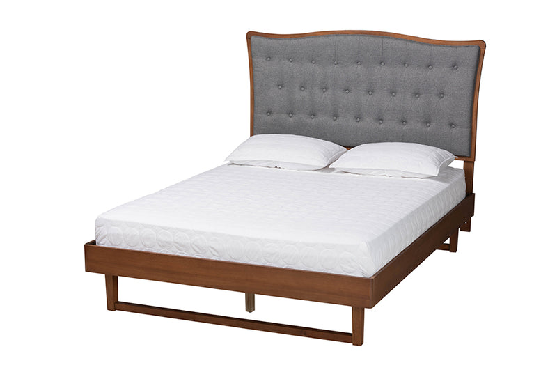 Kaka Classic and Traditional Gray Fabric and Walnut Brown Finished Wood Queen Size Platform bed