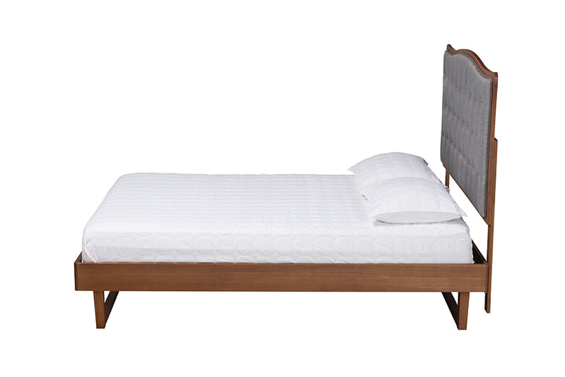 Kaka Classic and Traditional Gray Fabric and Walnut Brown Finished Wood Queen Size Platform bed