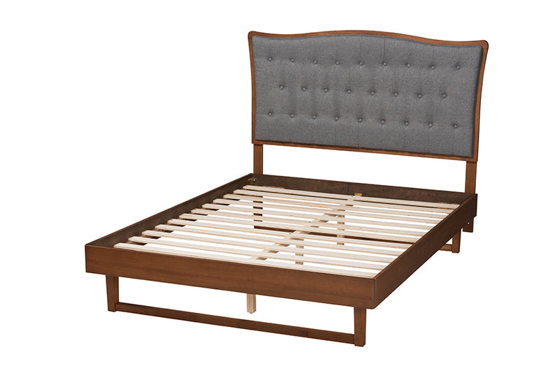 Kaka Classic and Traditional Gray Fabric and Walnut Brown Finished Wood Queen Size Platform bed