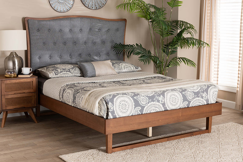 Kaka Classic and Traditional Gray Fabric and Walnut Brown Finished Wood Queen Size Platform bed