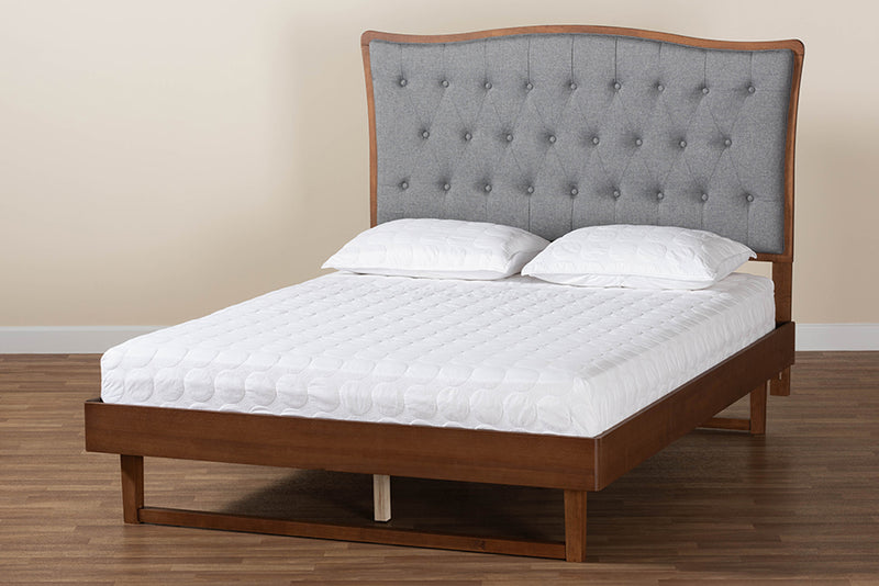 Kaka Classic and Traditional Gray Fabric and Walnut Brown Finished Wood Queen Size Platform bed