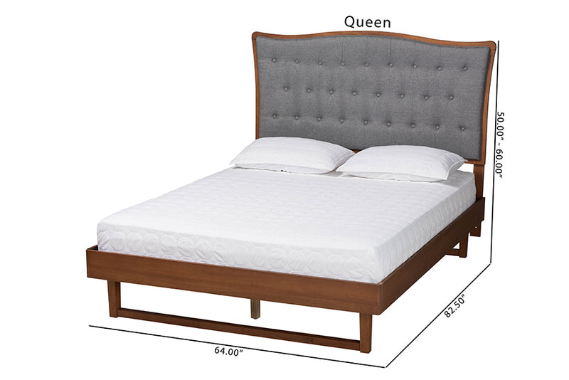 Kaka Classic and Traditional Gray Fabric and Walnut Brown Finished Wood Queen Size Platform bed