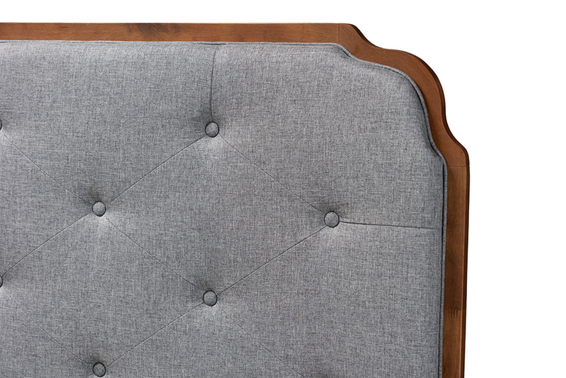 Seana Classic and Traditional Gray Fabric and Walnut Brown Finished Wood Queen Size Headboard