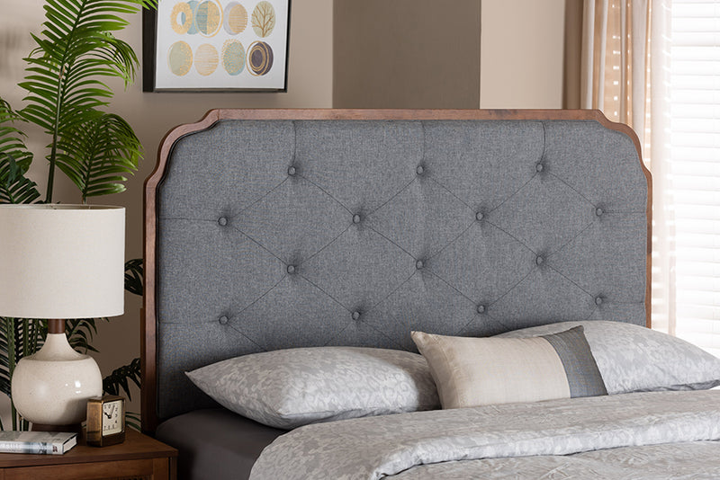 Seana Classic and Traditional Gray Fabric and Walnut Brown Finished Wood Queen Size Headboard