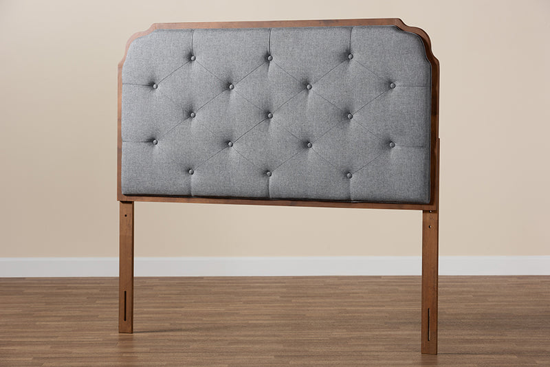 Seana Classic and Traditional Gray Fabric and Walnut Brown Finished Wood Queen Size Headboard