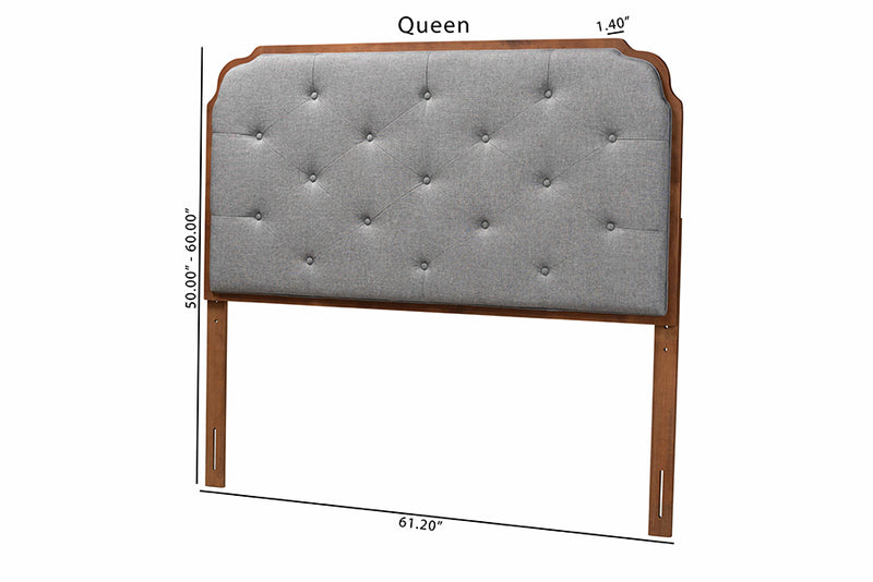 Seana Classic and Traditional Gray Fabric and Walnut Brown Finished Wood Queen Size Headboard