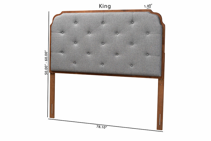 Seana Classic and Traditional Gray Fabric and Walnut Brown Finished Wood Queen Size Headboard