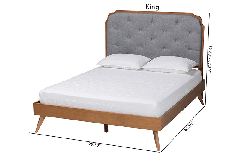 Darina Mid-Century Modern Gray Fabric and Walnut Brown Wood Queen Size Platform Bed