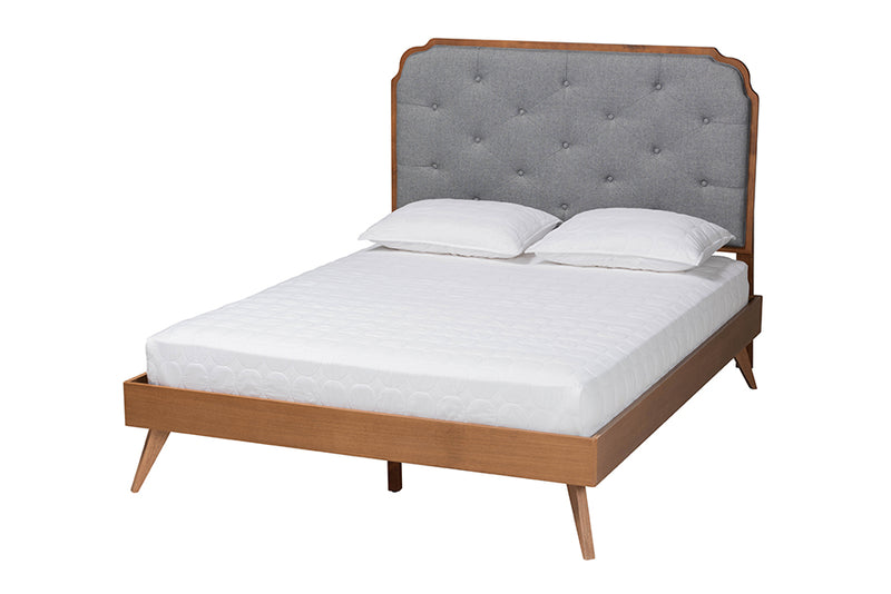 Darina Mid-Century Modern Gray Fabric and Walnut Brown Wood Queen Size Platform Bed