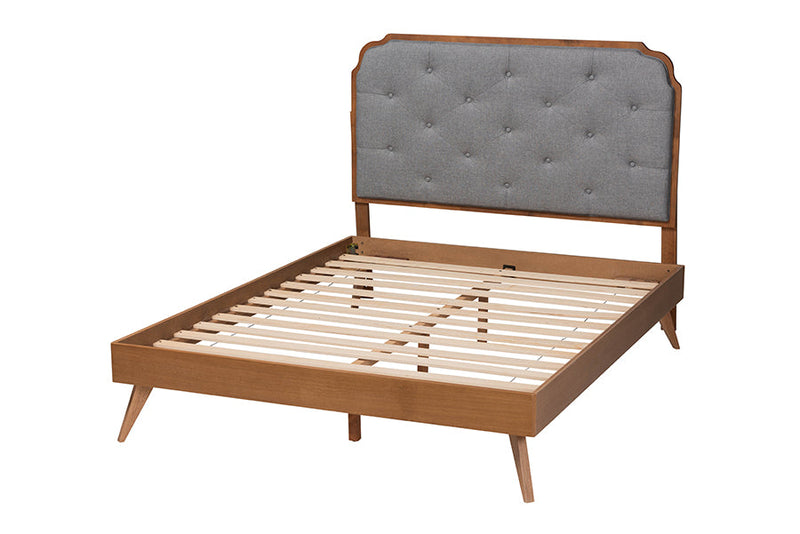 Darina Gray Fabric and Walnut Brown Wood Queen Size Platform Bed Baxton