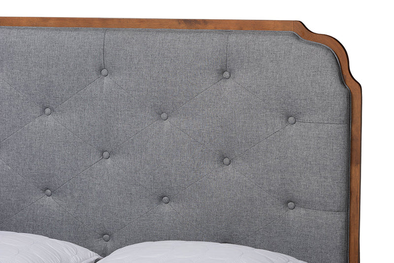 Darina Gray Fabric and Walnut Brown Wood Queen Size Platform Bed Baxton