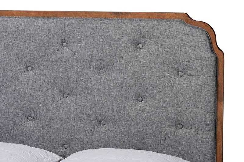 Darina Mid-Century Modern Gray Fabric and Walnut Brown Wood Queen Size Platform Bed