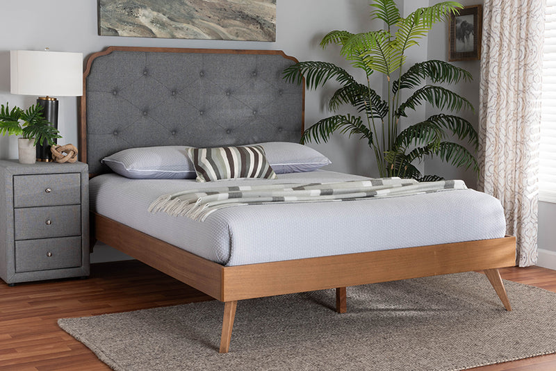 Darina Mid-Century Modern Gray Fabric and Walnut Brown Wood Queen Size Platform Bed