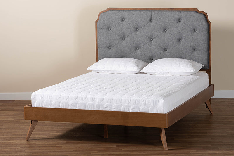 Darina Mid-Century Modern Gray Fabric and Walnut Brown Wood King Size Platform Bed