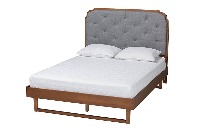 Daiwa Mid-Century Modern Gray Fabric and Walnut Brown Wood King Size Platform Bed