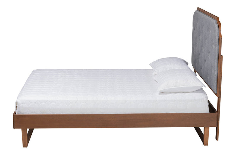 Daiwa Gray Fabric and Walnut Brown Wood Queen Size Platform Bed Baxton