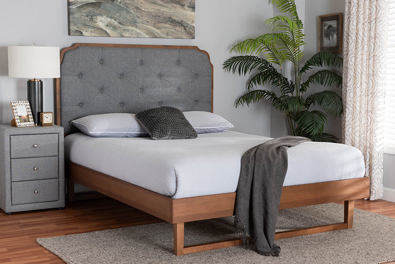 Daiwa Mid-Century Modern Gray Fabric and Walnut Brown Wood King Size Platform Bed