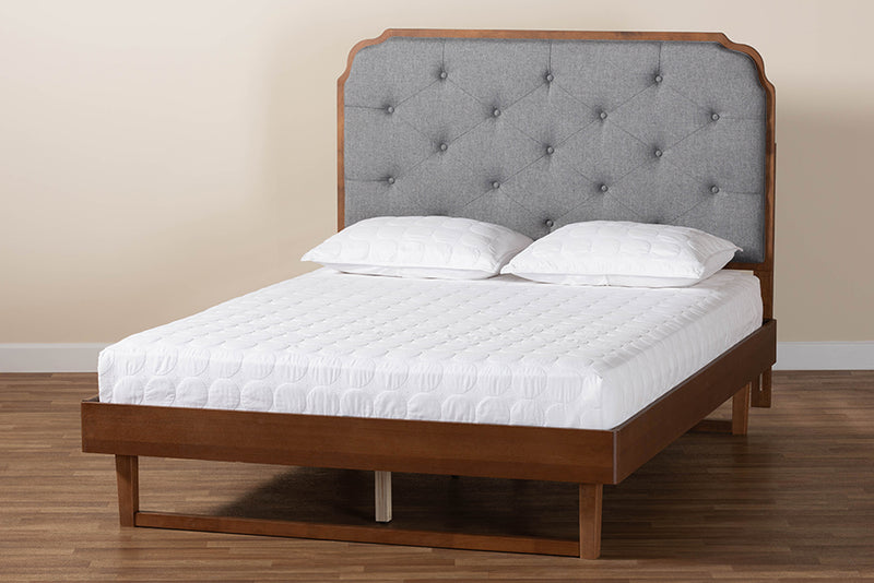 Daiwa Mid-Century Modern Gray Fabric and Walnut Brown Wood Queen Size Platform Bed