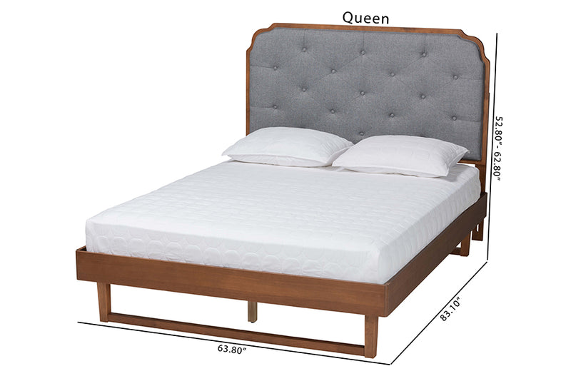 Daiwa Mid-Century Modern Gray Fabric and Walnut Brown Wood Queen Size Platform Bed