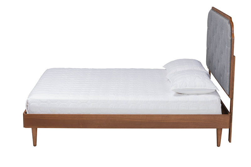 Bechet Gray Fabric and Walnut Brown Wood Queen Size Platform Bed Baxton