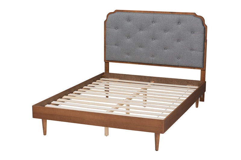 Bechet Gray Fabric and Walnut Brown Wood Queen Size Platform Bed Baxton