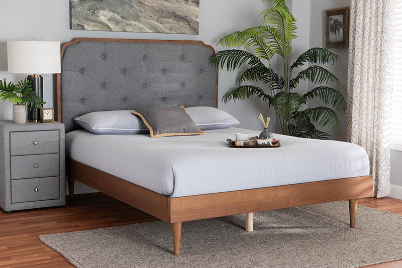 Bechet Mid-Century Modern Gray Fabric and Walnut Brown Wood Queen Size Platform Bed