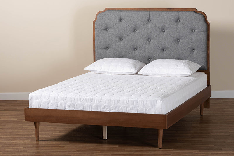 Bechet Mid-Century Modern Gray Fabric and Walnut Brown Wood Queen Size Platform Bed